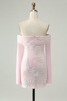 Sparkly Pink Bodycon Off The Shoulder Sequin Homecoming kjole med lange ermer