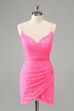 Glitter Hot Pink Bodycon Spaghetti stropper Paljetter Kort Homecoming Dress