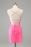 Glitter Hot Pink Bodycon Spaghetti stropper Paljetter Kort Homecoming Dress