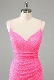 Glitter Hot Pink Bodycon Spaghetti stropper Paljetter Kort Homecoming Dress