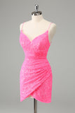 Glitter Hot Pink Bodycon Spaghetti stropper Paljetter Kort Homecoming Dress