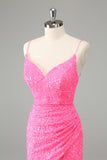 Glitter Hot Pink Bodycon Spaghetti stropper Paljetter Kort Homecoming Dress