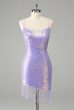 Sparkly Lilac Bodycon paljetter Lace Up Back Kort Homecoming kjole med dusker