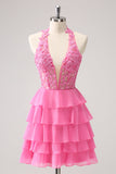 Hot Pink A Line Halter Tiered Korsett Kort Homecoming Kjole med Volanger