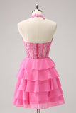 Hot Pink A Line Halter Tiered Korsett Kort Homecoming Kjole med Volanger