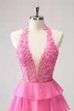 Hot Pink A Line Halter Tiered Korsett Kort Homecoming Kjole med Volanger