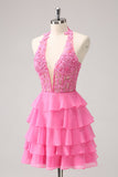 Hot Pink A Line Halter Tiered Korsett Kort Homecoming Kjole med Volanger