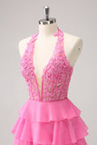 Hot Pink A Line Halter Tiered Korsett Kort Homecoming Kjole med Volanger