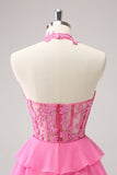 Hot Pink A Line Halter Tiered Korsett Kort Homecoming Kjole med Volanger