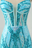 Sparkly Blue Bodycon Spaghetti stropper Korsett Homecoming kjole med paljetter