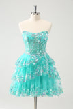 Cute Glitter Green A Line Strapless Sequined Tiered Corset Homecoming Dress