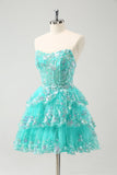 Cute Glitter Green A Line Strapless Sequined Tiered Corset Homecoming Dress