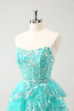 Cute Glitter Green A Line Strapless Sequined Tiered Corset Homecoming Dress