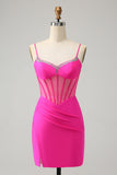 Glitter Fuchsia Beaded Tight Corset Kort Homecoming Dress med Slit