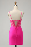 Glitter Fuchsia Beaded Tight Corset Kort Homecoming Dress med Slit