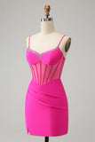 Glitter Fuchsia Beaded Tight Corset Kort Homecoming Dress med Slit