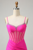 Glitter Fuchsia Beaded Tight Corset Kort Homecoming Dress med Slit