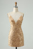 Load image into Gallery viewer, Sparkly Golden Bodycon Spaghetti Strap Kort Homecoming kjole med paljetter