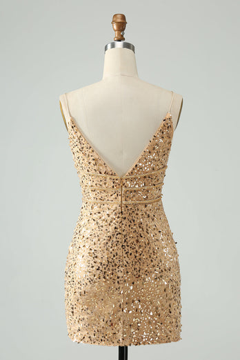 Sparkly Golden Bodycon Spaghetti Strap Kort Homecoming kjole med paljetter
