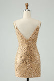 Sparkly Golden Bodycon Spaghetti Strap Kort Homecoming kjole med paljetter