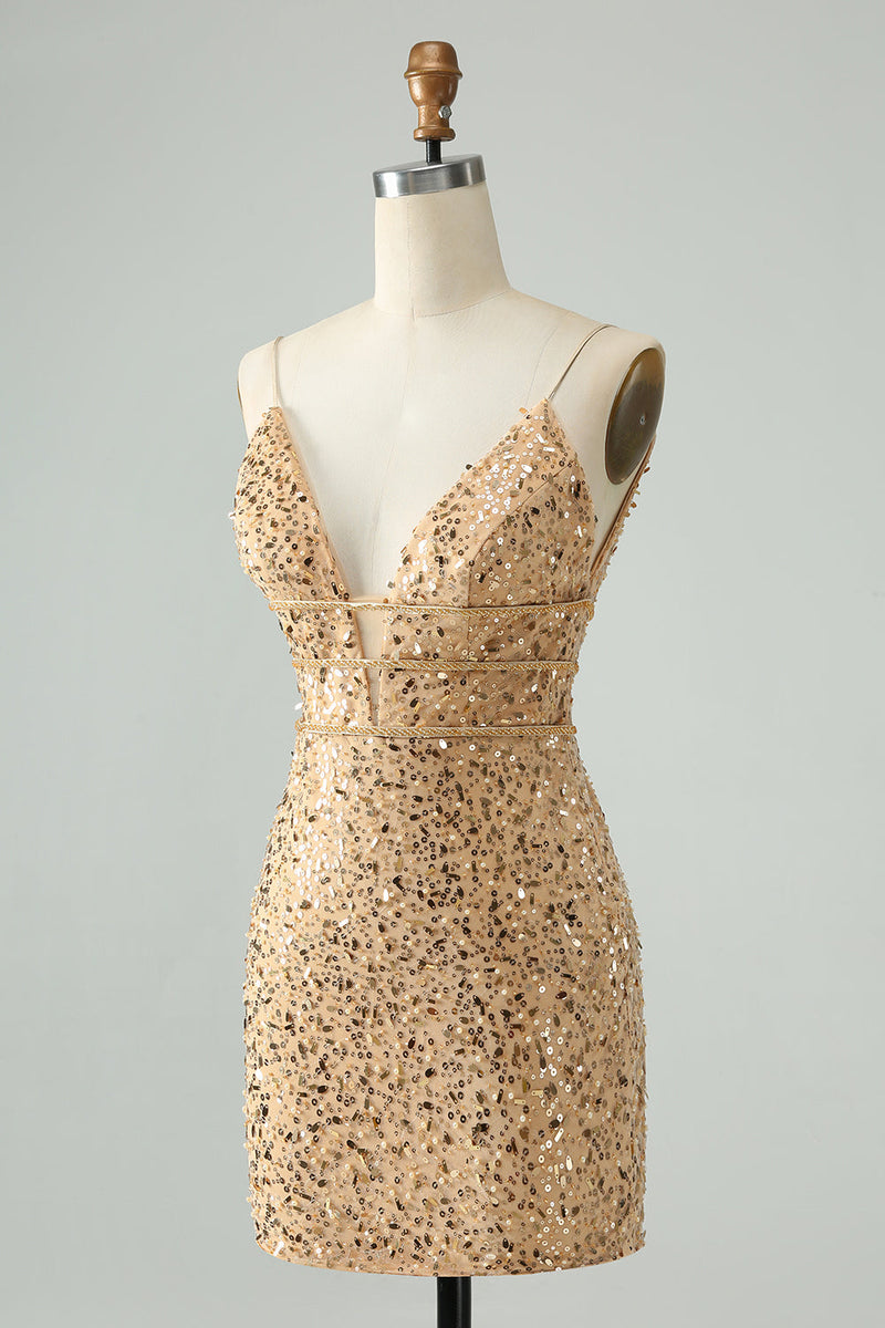 Load image into Gallery viewer, Sparkly Golden Bodycon Spaghetti Strap Kort Homecoming kjole med paljetter