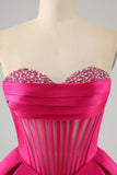 Søt Fuchsia A Line Sweetheart Corset Homecoming kjole med perler