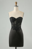 Sparkly Black Bodycon Sweetheart Corset Homecoming kjole med applikasjoner