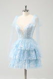 Glitter Blue A Line Embroidery Tiered Homecoming Dress med Appliques