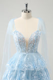 Glitter Blue A Line Embroidery Tiered Homecoming Dress med Appliques