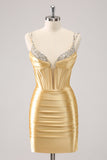 Golden Bodycon Spaghetti Stropper Korsett Lace Up Tilbake Homecoming Kjole Med Paljetter