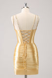 Golden Bodycon Spaghetti Stropper Korsett Lace Up Tilbake Homecoming Kjole Med Paljetter