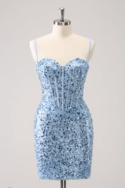 Sparkly Blue Tight Sequins Spaghetti stropper Homecoming Dress