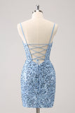 Sparkly Blue Tight Sequins Spaghetti stropper Homecoming Dress