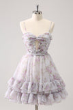 Lilac A-Line Floral Utskrifter Ruffled Tiered Tylle Homecoming Dress