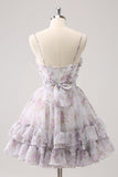 Lilac A-Line Floral Utskrifter Ruffled Tiered Tylle Homecoming Dress