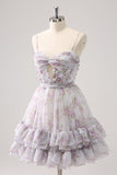 Lilac A-Line Floral Utskrifter Ruffled Tiered Tylle Homecoming Dress