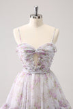 Lilac A-Line Floral Utskrifter Ruffled Tiered Tylle Homecoming Dress