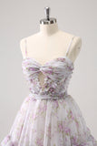 Lilac A-Line Floral Utskrifter Ruffled Tiered Tylle Homecoming Dress