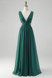 Dark Green A Line Chiffon Long brudepike kjole med blonder opp tilbake