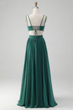 Dark Green A Line Chiffon Long brudepike kjole med blonder opp tilbake