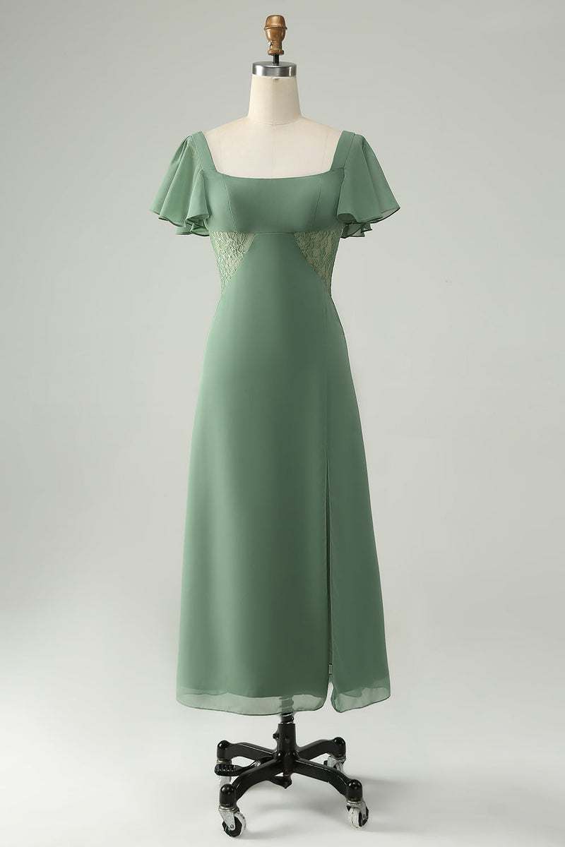 Load image into Gallery viewer, En linje Eucalyptus Square Neck Chiffon brudepike kjole med Slit