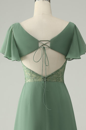 En linje Eucalyptus Square Neck Chiffon brudepike kjole med Slit