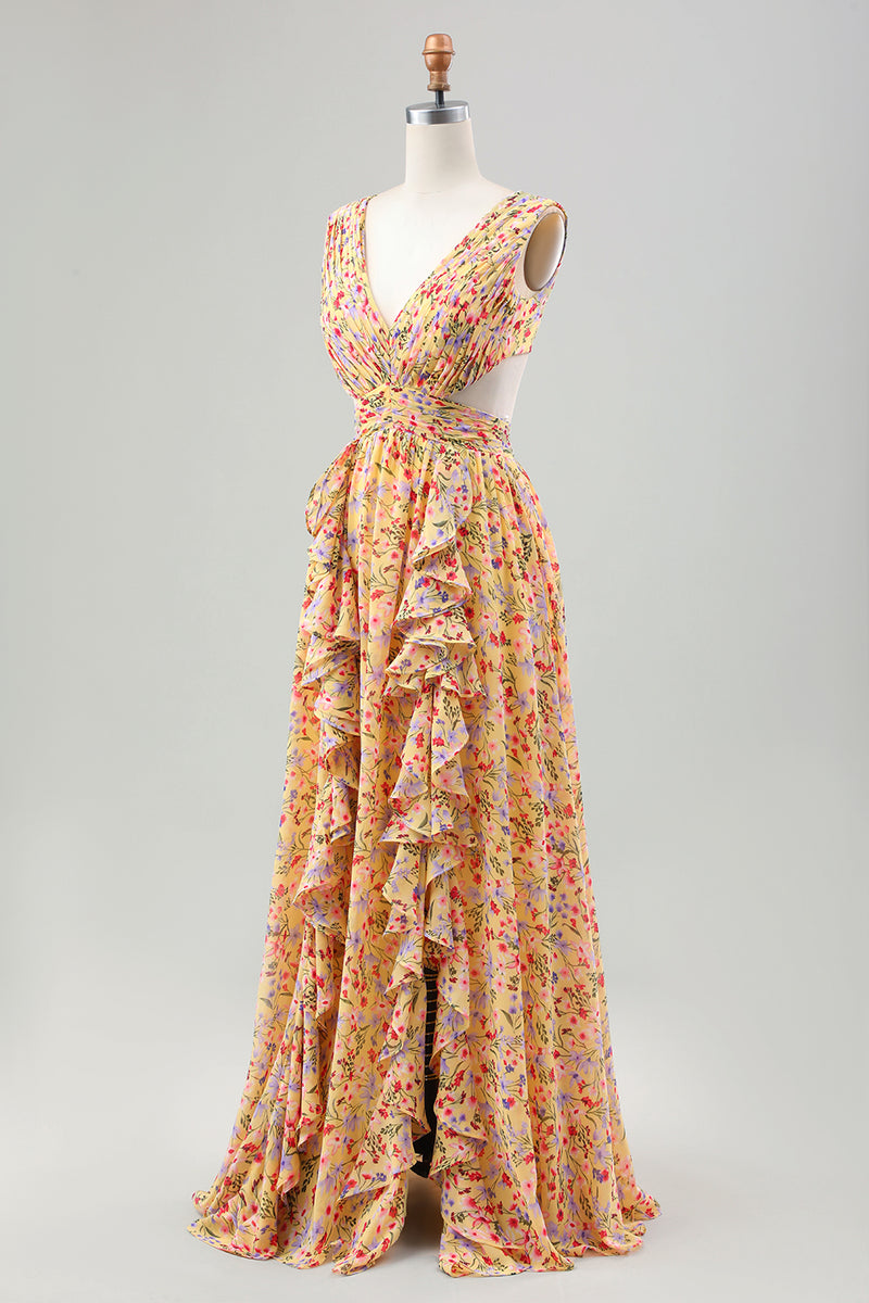 Load image into Gallery viewer, Gul Liten blomst A Line V Neck Plissert Ruffles Bryllup Guest Dress