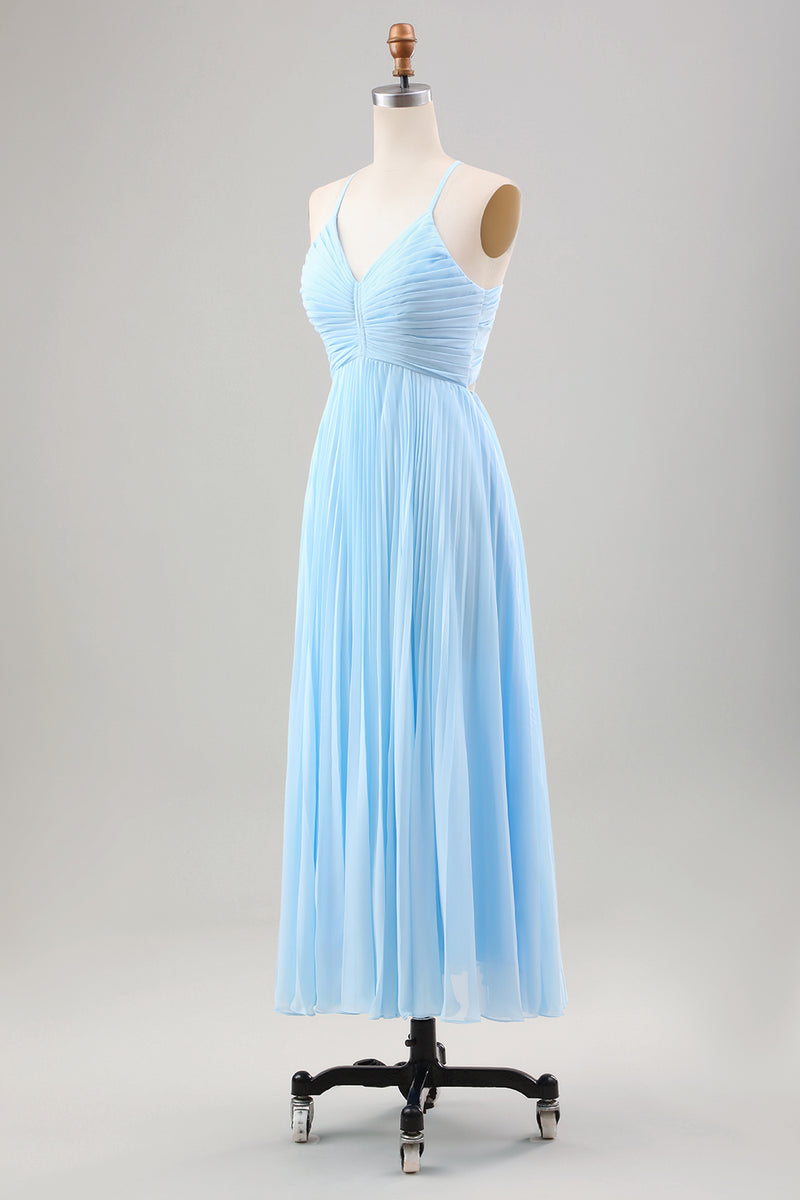 Load image into Gallery viewer, Sky Blue A Line Plissert Chiffon Bryllup Guest Dress