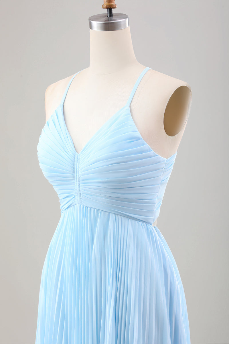 Load image into Gallery viewer, Sky Blue A Line Plissert Chiffon Bryllup Guest Dress