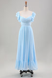 Sky Blue A Line Chiffon Bryllup Guest kjole med Ruffle ermer