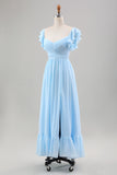 Sky Blue A Line Chiffon Bryllup Guest kjole med Ruffle ermer