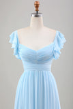 Sky Blue A Line Chiffon Bryllup Guest kjole med Ruffle ermer