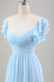 Sky Blue A Line Chiffon Bryllup Guest kjole med Ruffle ermer