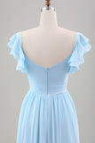 Sky Blue A Line Chiffon Bryllup Guest kjole med Ruffle ermer